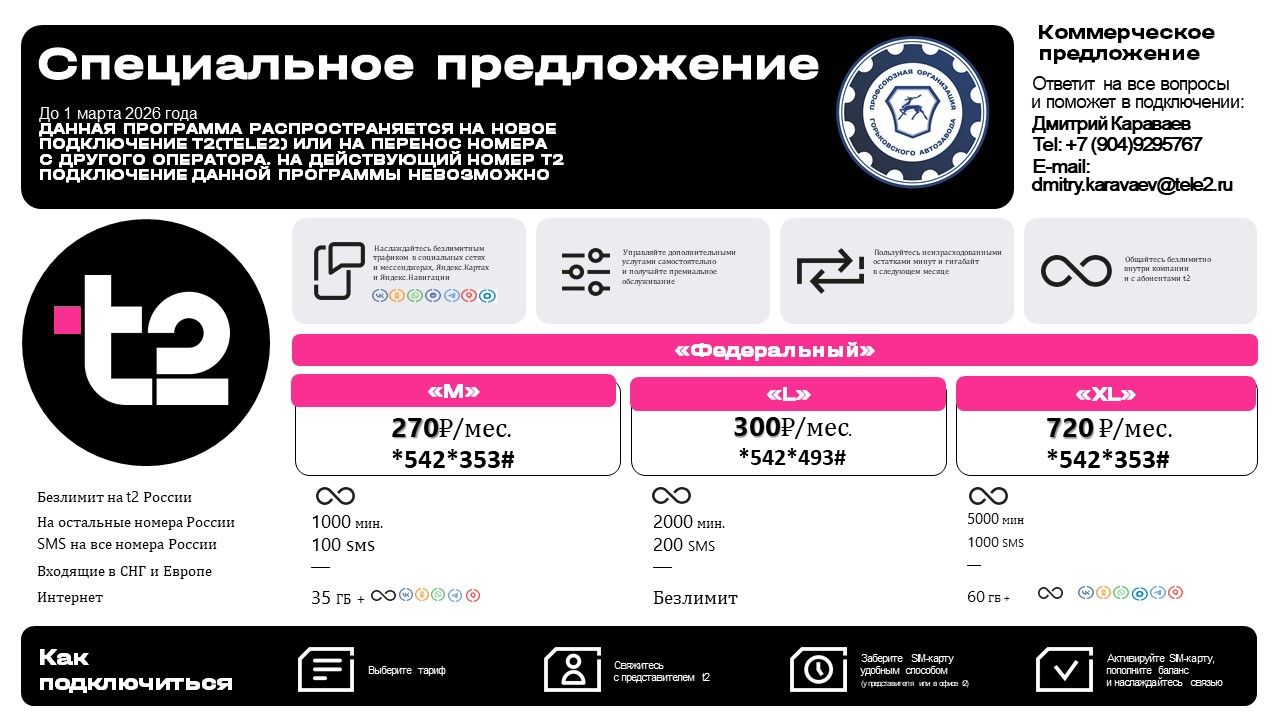 #ПрофсоюзнаяСкидка  Наш партнёр - Оператор сотовой связи Т2 - предлагает членам профсоюза Профсоюзной организации Горьковского автозавода подключиться ко льготным безлимитным тарифам.