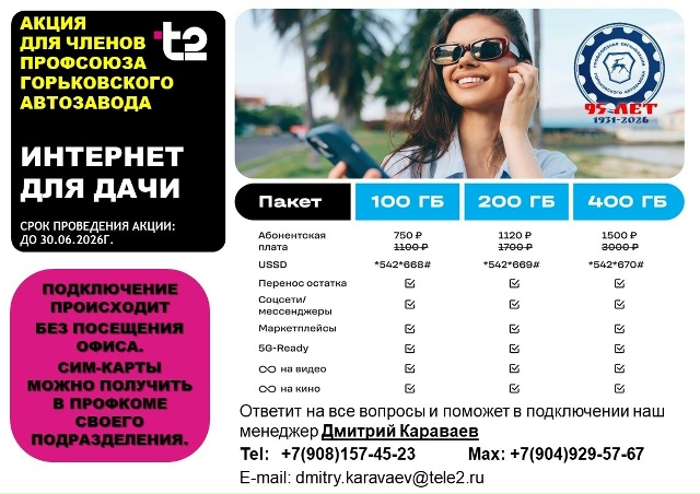 Наш партнёр оператор связи Т2 предлагает акцию для членов профсоюза Горьковского автозавода "Интернет для дачи".
